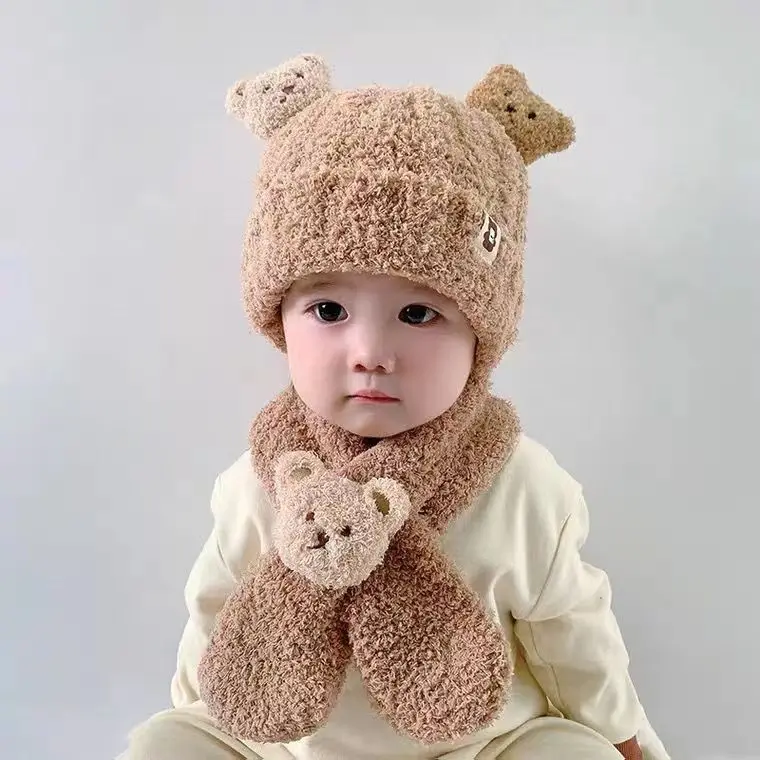2 stücke Set Winter Baby Hüte und Schal niedlichen Bären verdickte warme Hüte für Jungen und Mädchen wind dichte Fleece Kinder Baby Mütze – Detail 5