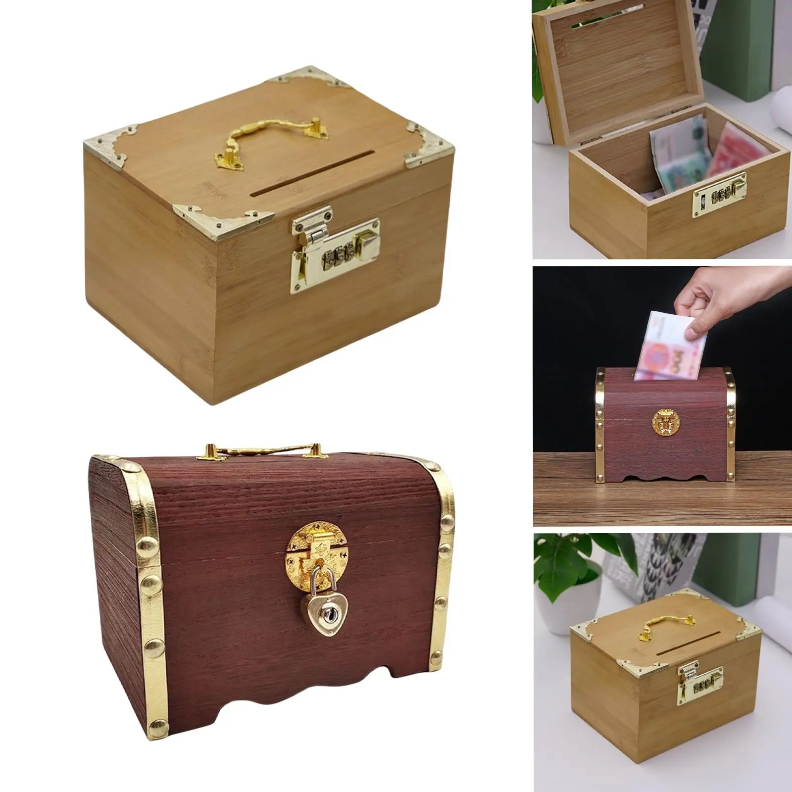 Vintage Wooden Piggy Bank with Lockable Lid Coin Box Jewelry Box Free Standing Treasure Chest for Card Coin Gifts for Kids Adult