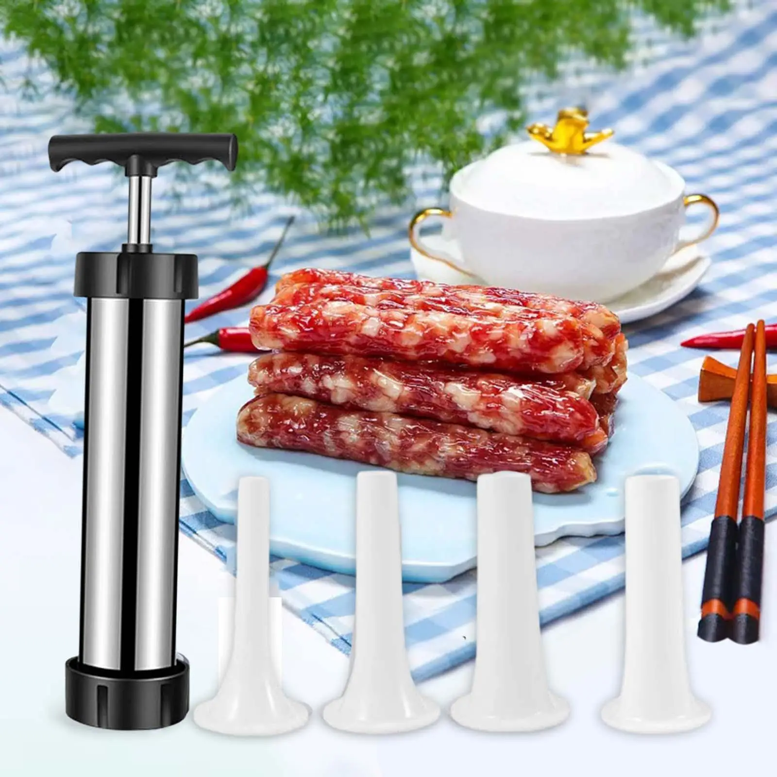 Sausage Stuffer Machine for Home with 4 Filling Nozzles Attachment 4 Sausage Nozzle Attachments Portable Sausage Filling Tools