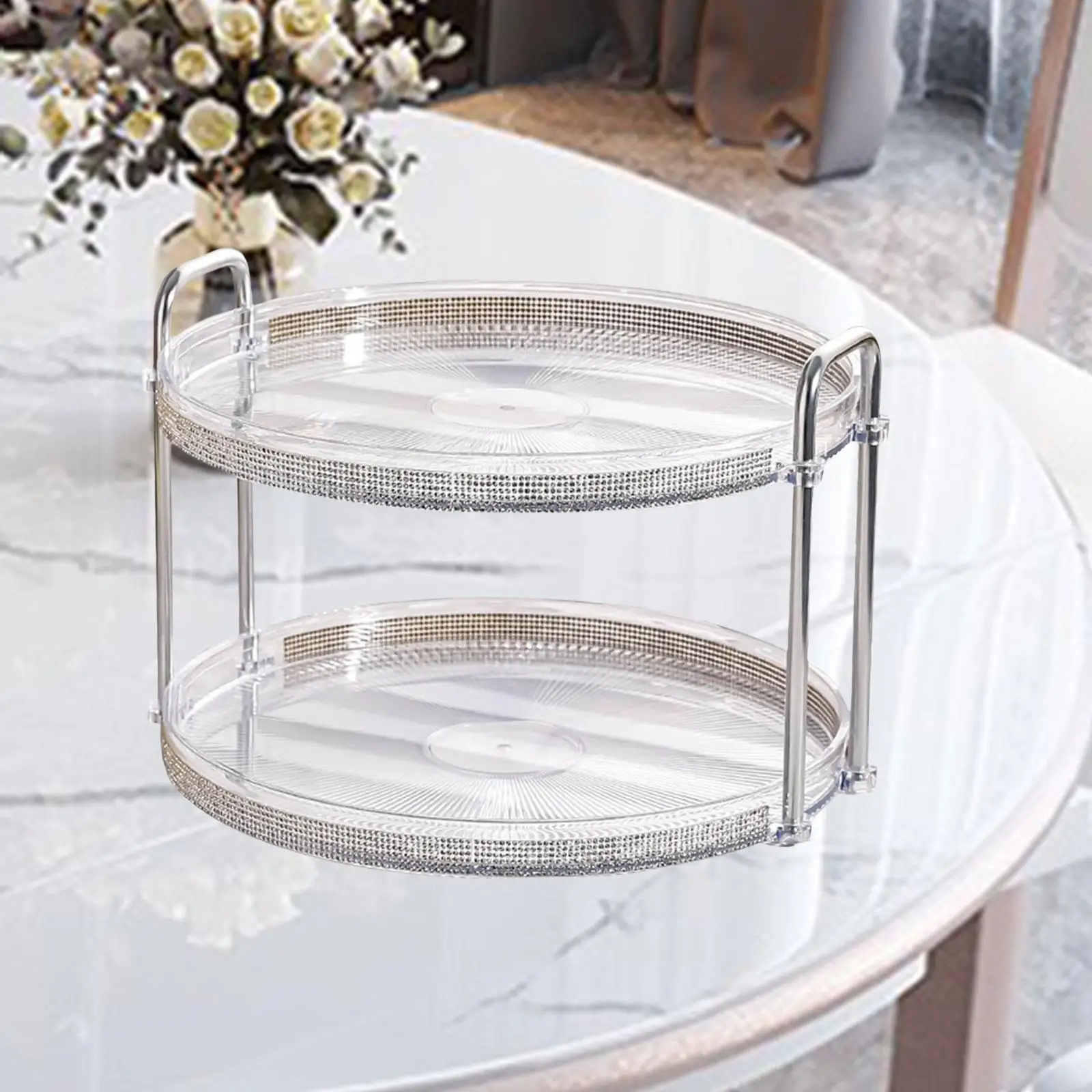 Decorative Round Serving Tray with Handles Dessert Fruits Snack Serving Plate Vanity Tray Makeup Organizer for Cupcake Display
