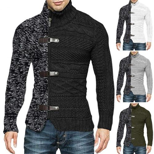 Men's Fall/Winter Stylish Asymmetric Contrast Color Knitted Cardigan Long Sleeve Turtleneck Sweater