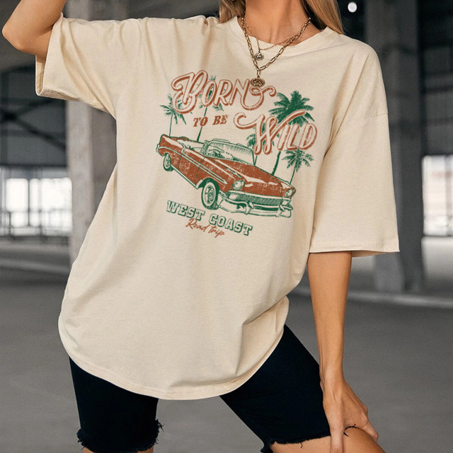 Vintage Car Print Letter Graphic Tee Women Oversized T Shirt Short Sleeve  Tees Summer Casual Shirt Streetwear Fashion Pink Tops - AliExpress