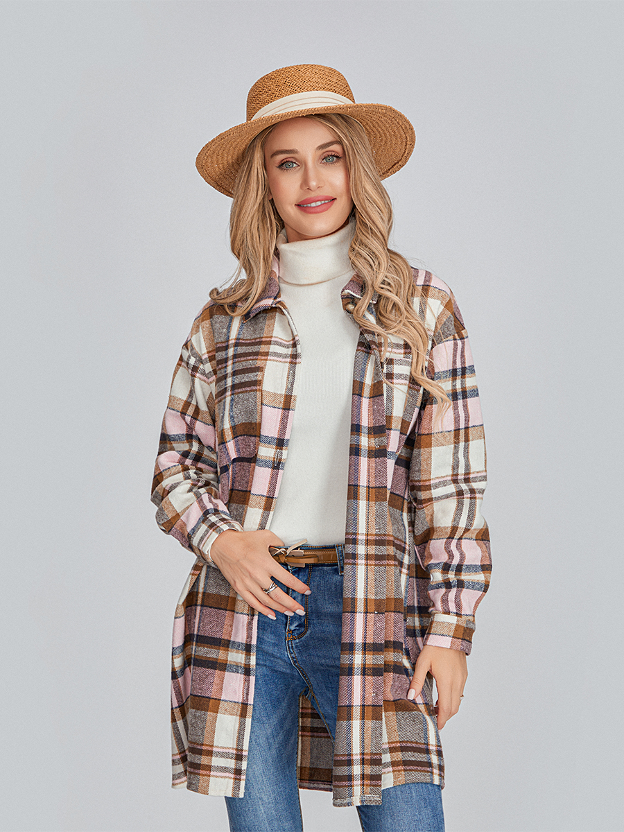 Women Long Sleeve Lapel Button Down Casual Plaid Shacket Jacket