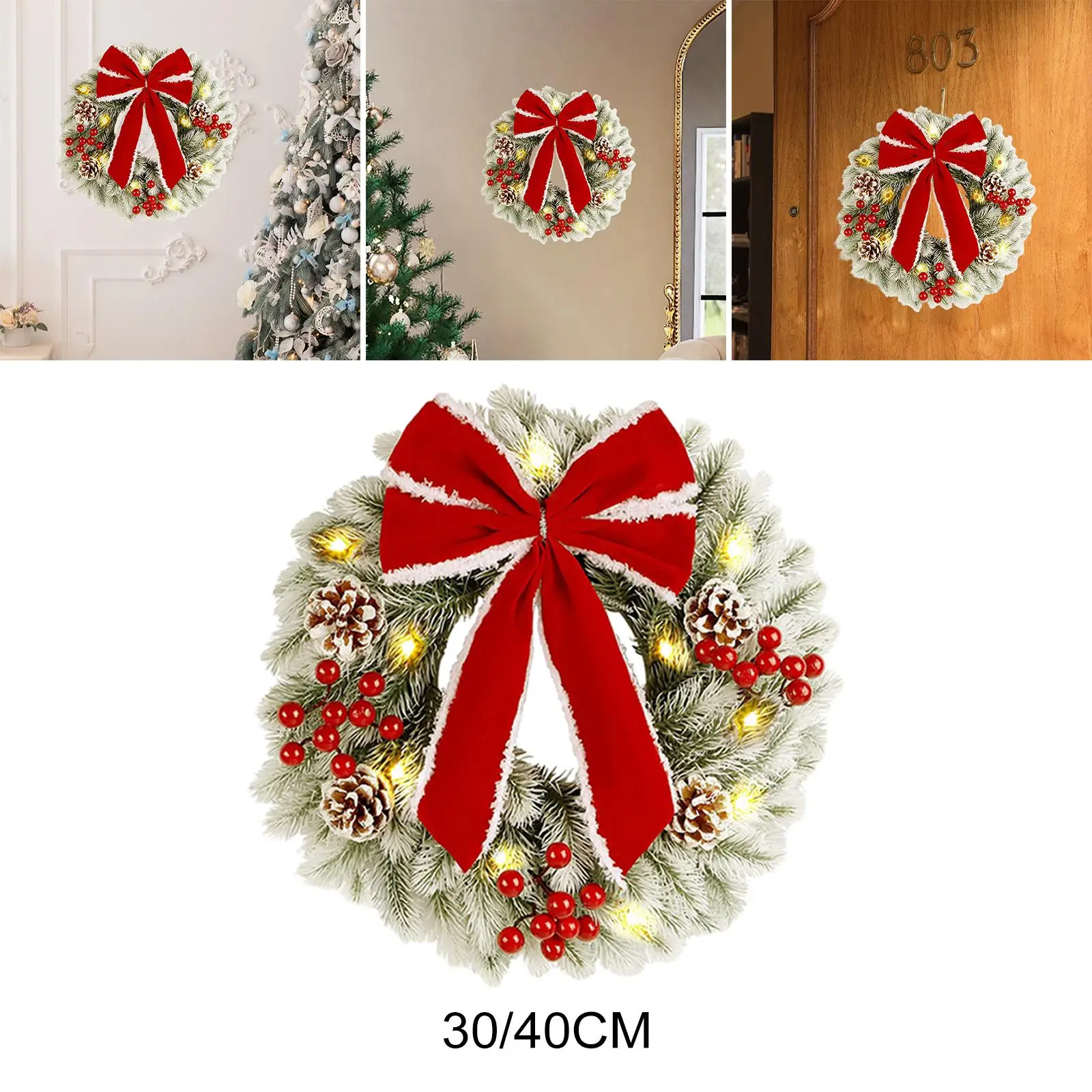 Christmas Wreath with String Light Handcrafted Decorative Front Door Wreath Holiday Garland for Wall Porch Office Party Ornament