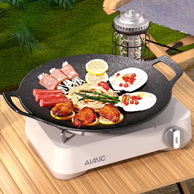 Korean Round Grill Pan Outdoor Camping Frying Pan Flat Pancake Griddle  Non-stick Maifan Stone Cooker Barbecue Tray BBQ Supplies - AliExpress