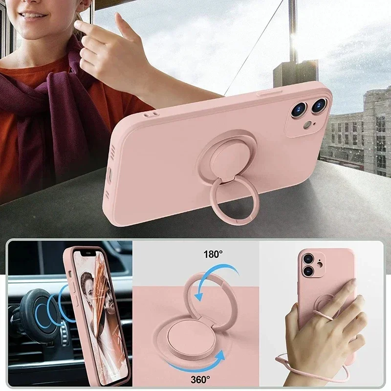 Liquid Silicone Finger Ring Magnetic Holder Bracket For iPhone 15 14 13 12 11 Pro Mini XR X XS Max 7 8 Plus Phone Case