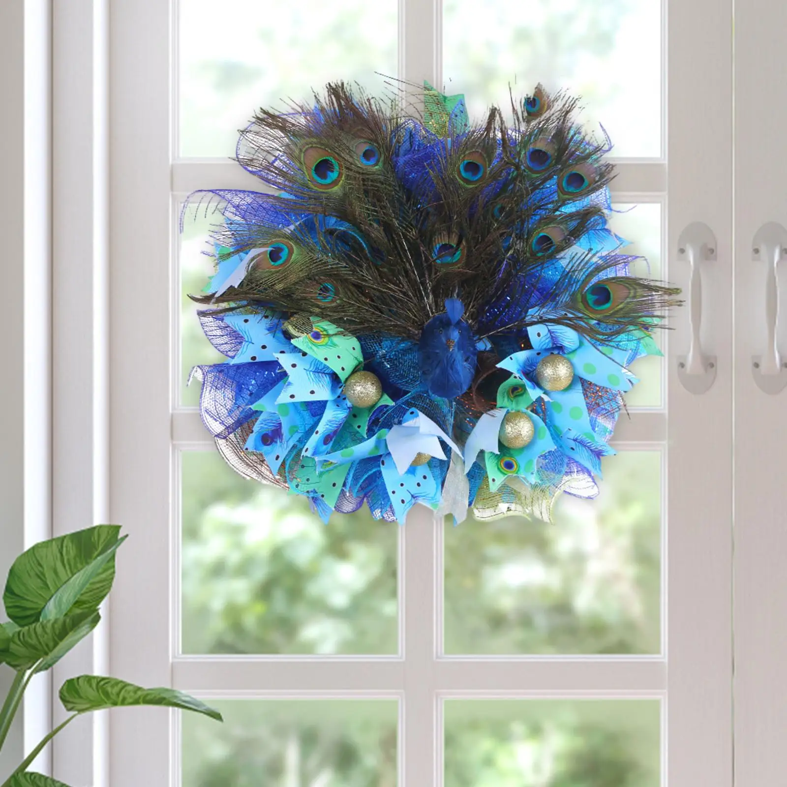 Artificial Peacock Wreath Decorative Simulated Feather Garland Front Door Wreath for Outdoor Indoor Wedding Party Favors Garden