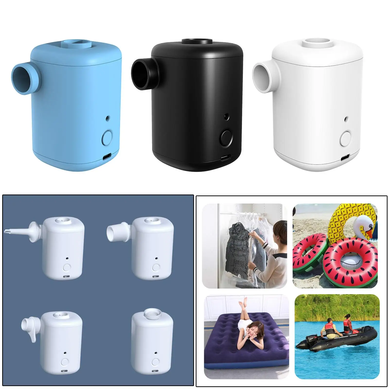 Portable USB Quick-Fill Air Mattress Pump Swimming Pools USB Charging Inflatables Air Filling with 4 Nozzles