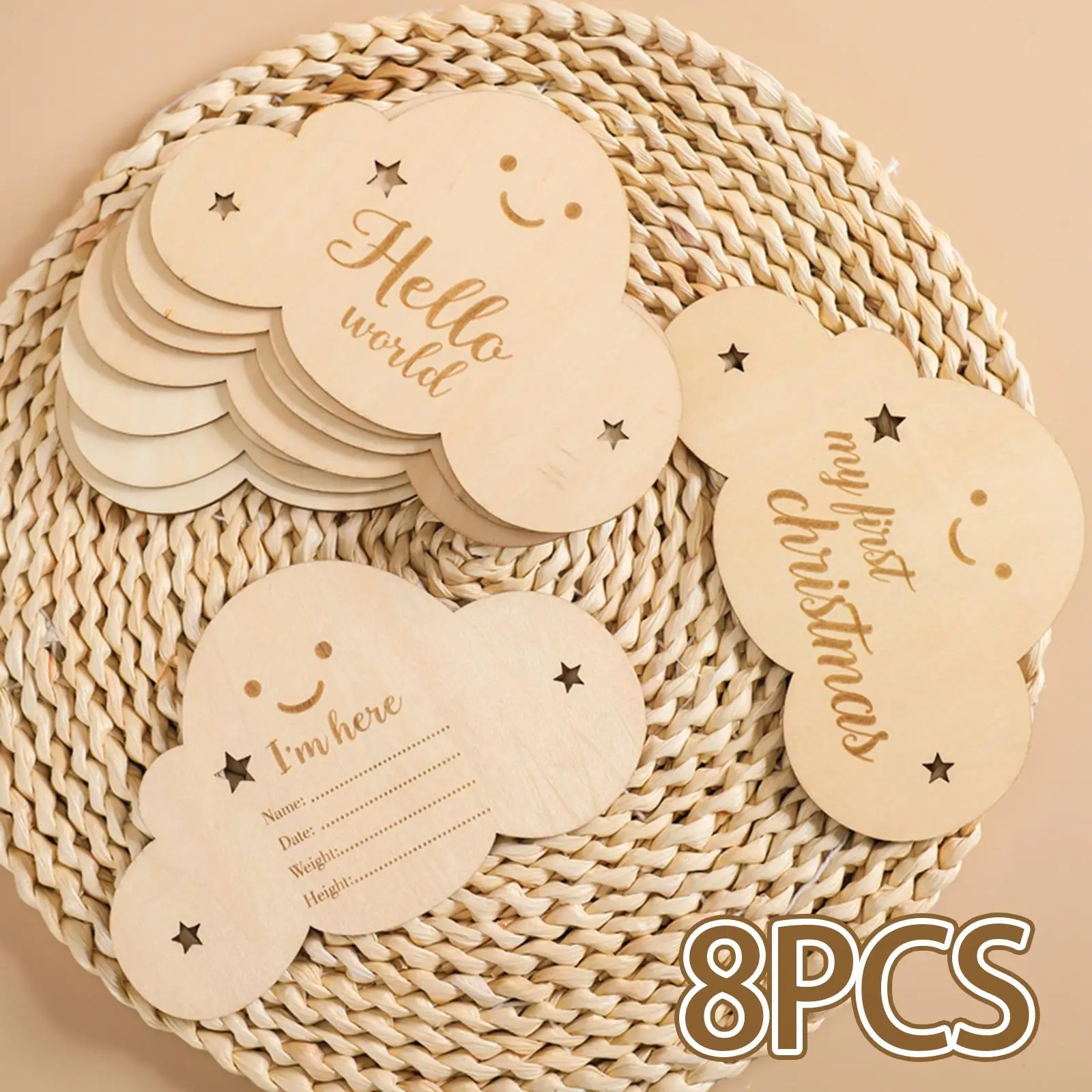 8x Wooden Baby Milestone Cards Keepsake Toy Cute Clouds Shape for Newborn to Age 1 New Mom Gifts Record Growth Monthly Stickers