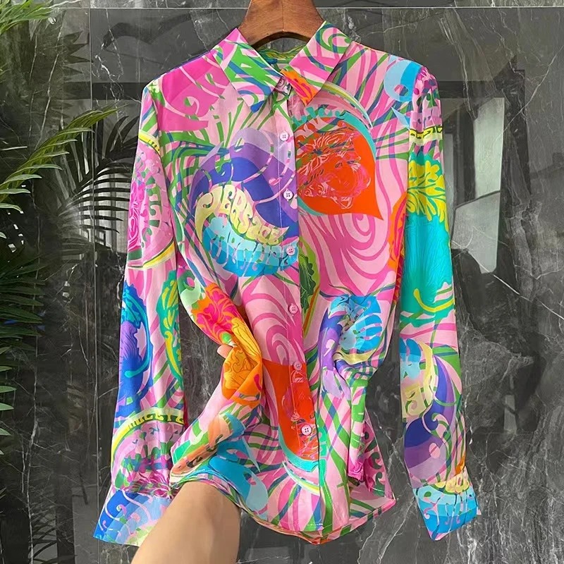 Silk Women's Shirt Loose Satin Printed Vintage Blouses Polo Neck Elegant Clothing Spring/Summer Fashion Full Tops YCMYUNYAN