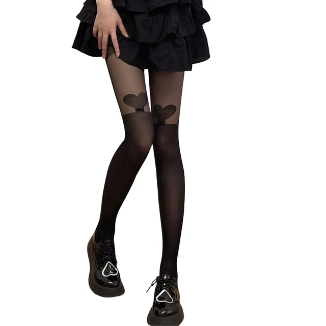 Japanese Women Heart Bowknot Faux Thigh High Pantyhose Tights