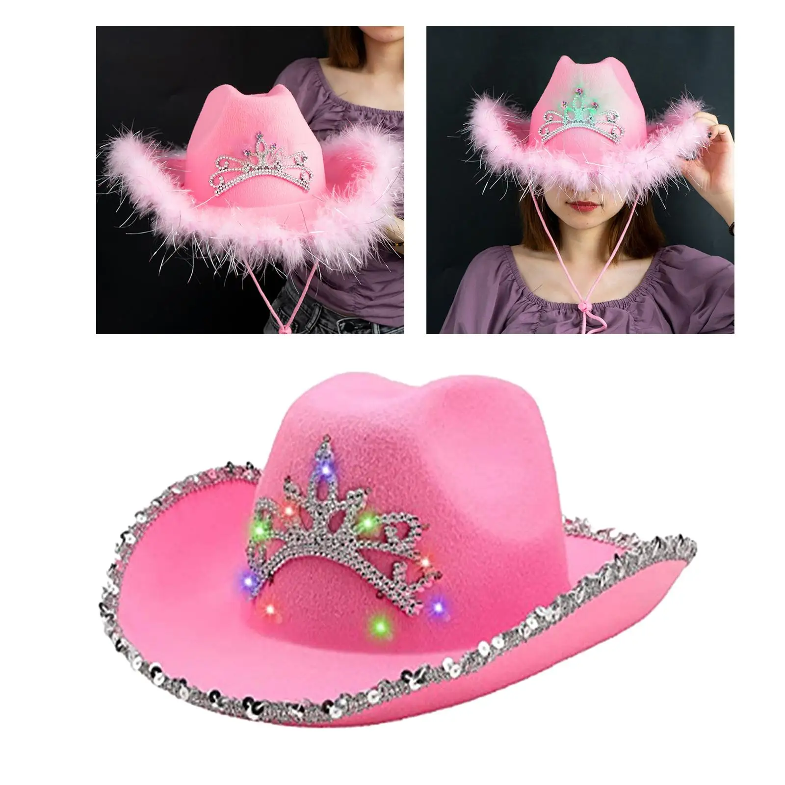 Western Style Pink Cowboy Hat Women`s Fashion Party Warped Wide Brim with Sequin Decoration Crown Tiara Cowgirl Hat