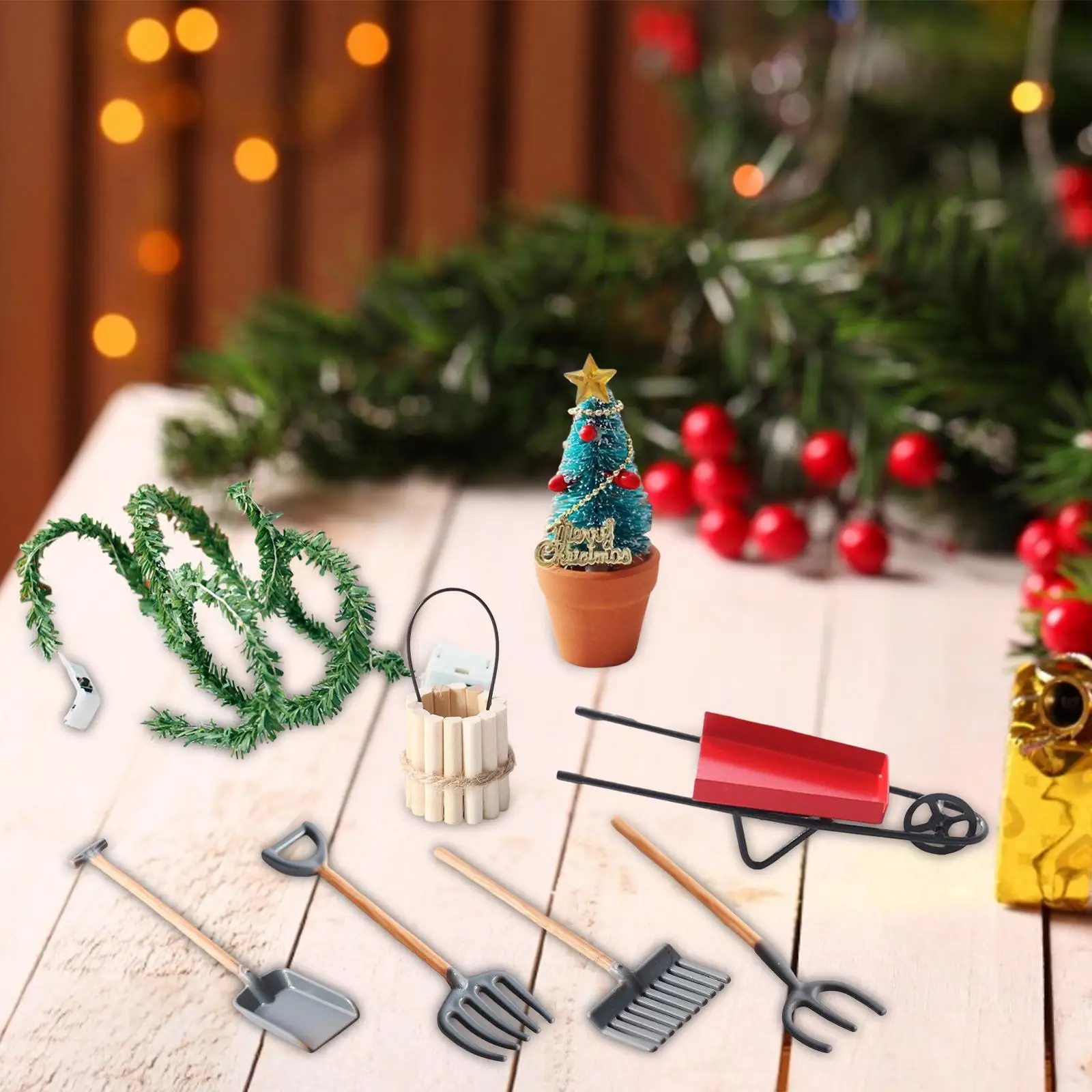 8Pcs Miniature Christmas Decoration Xmas Potted Tree Mini Trolley for 1/12 Dollhouse DIY Scene