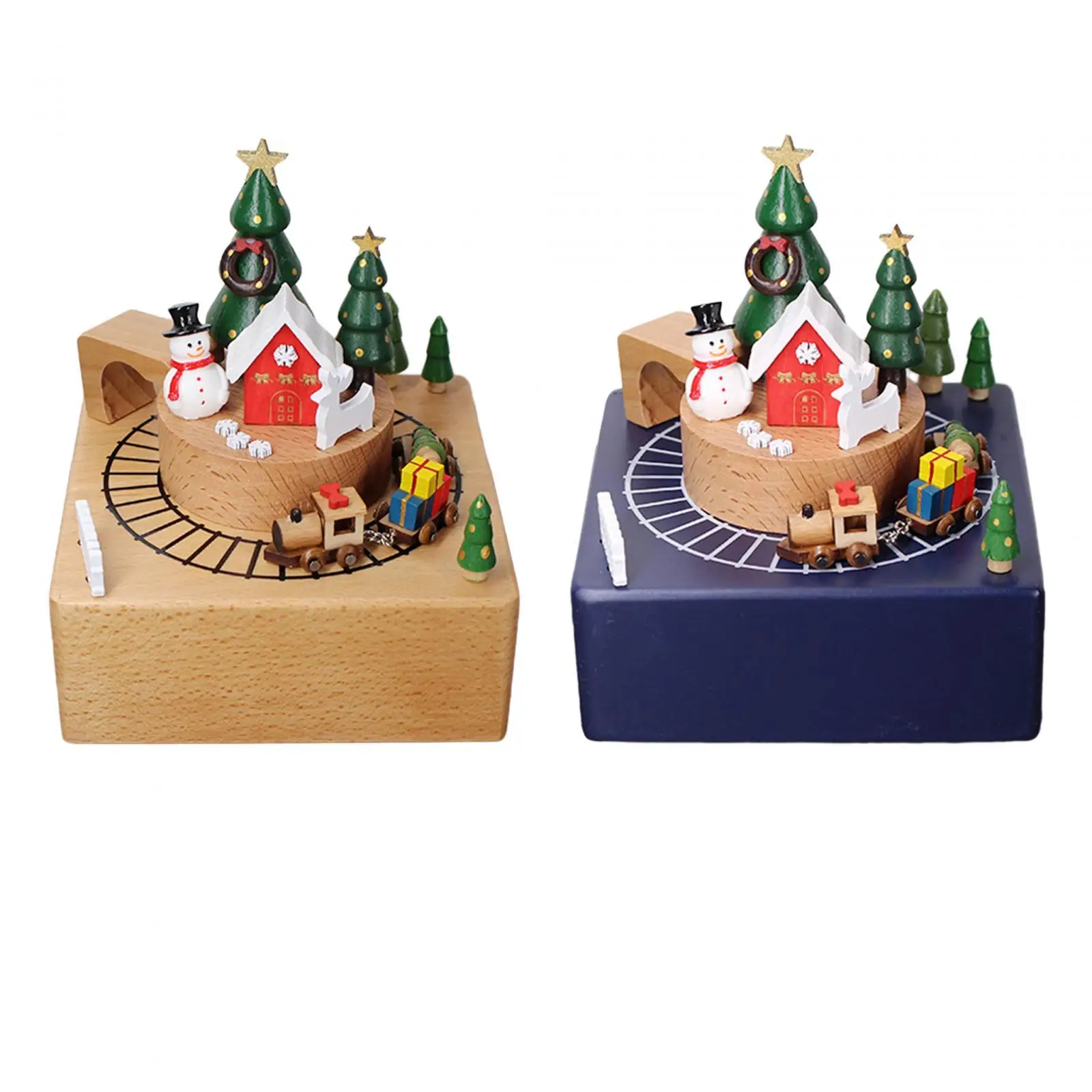 Christmas Wooden Musical Boxes Play Merry Christmas Song Clockwork Type with Revolving Train for Kids Girls Collectible Gift