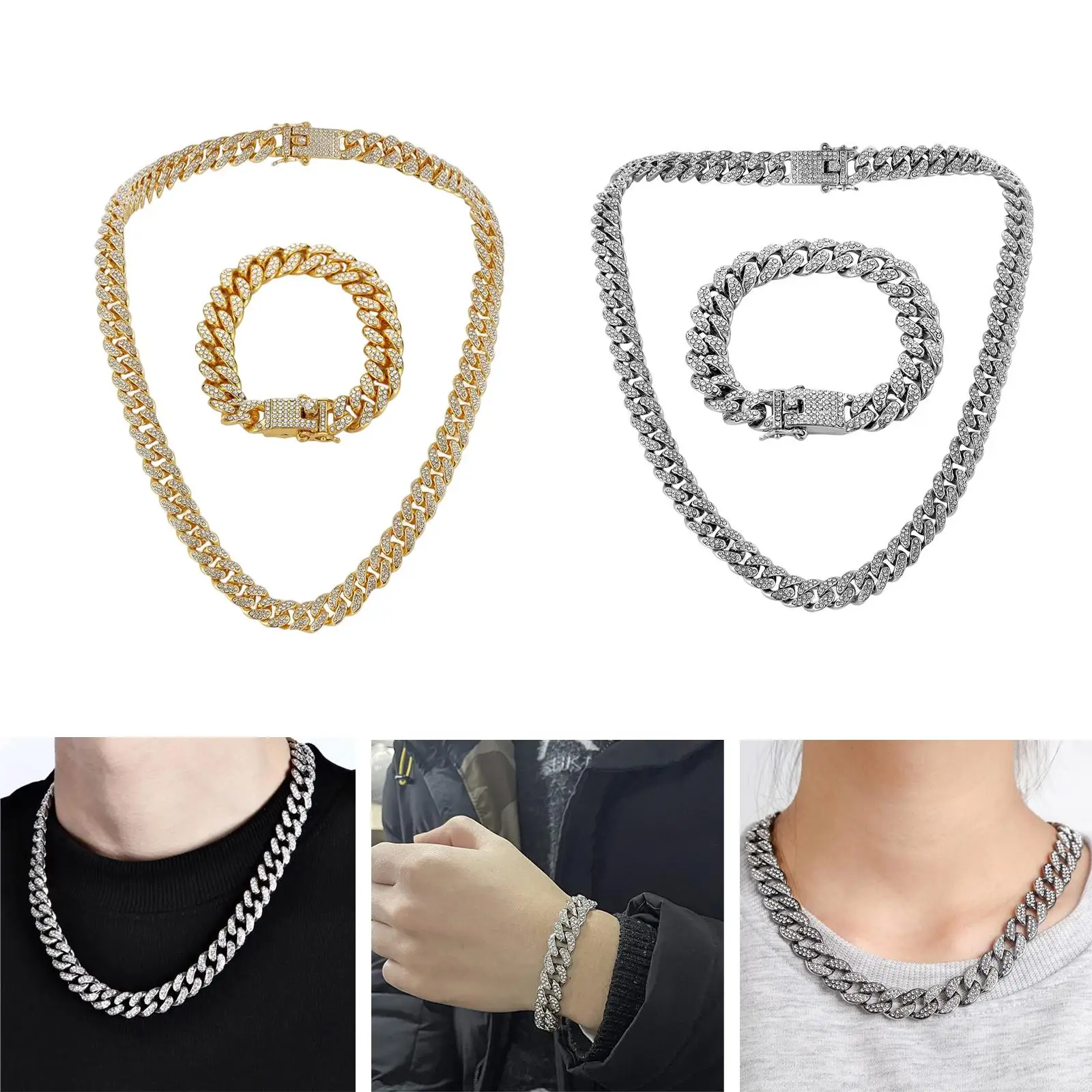 Mens Cuban Chain Hip Hop Jewelry Necklace Bracelet Clasp Chain