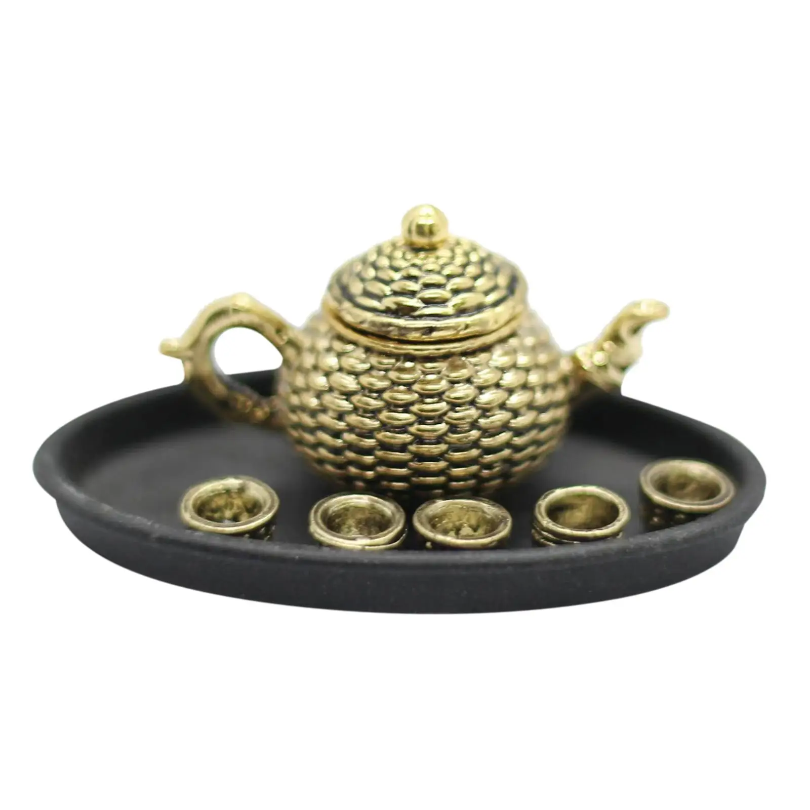 1/12 Dollhouse Tea cup Miniature Kitchen Accessories Tiny Teapot Platter Dishes Golden for House Decoration Girls Boys Kids