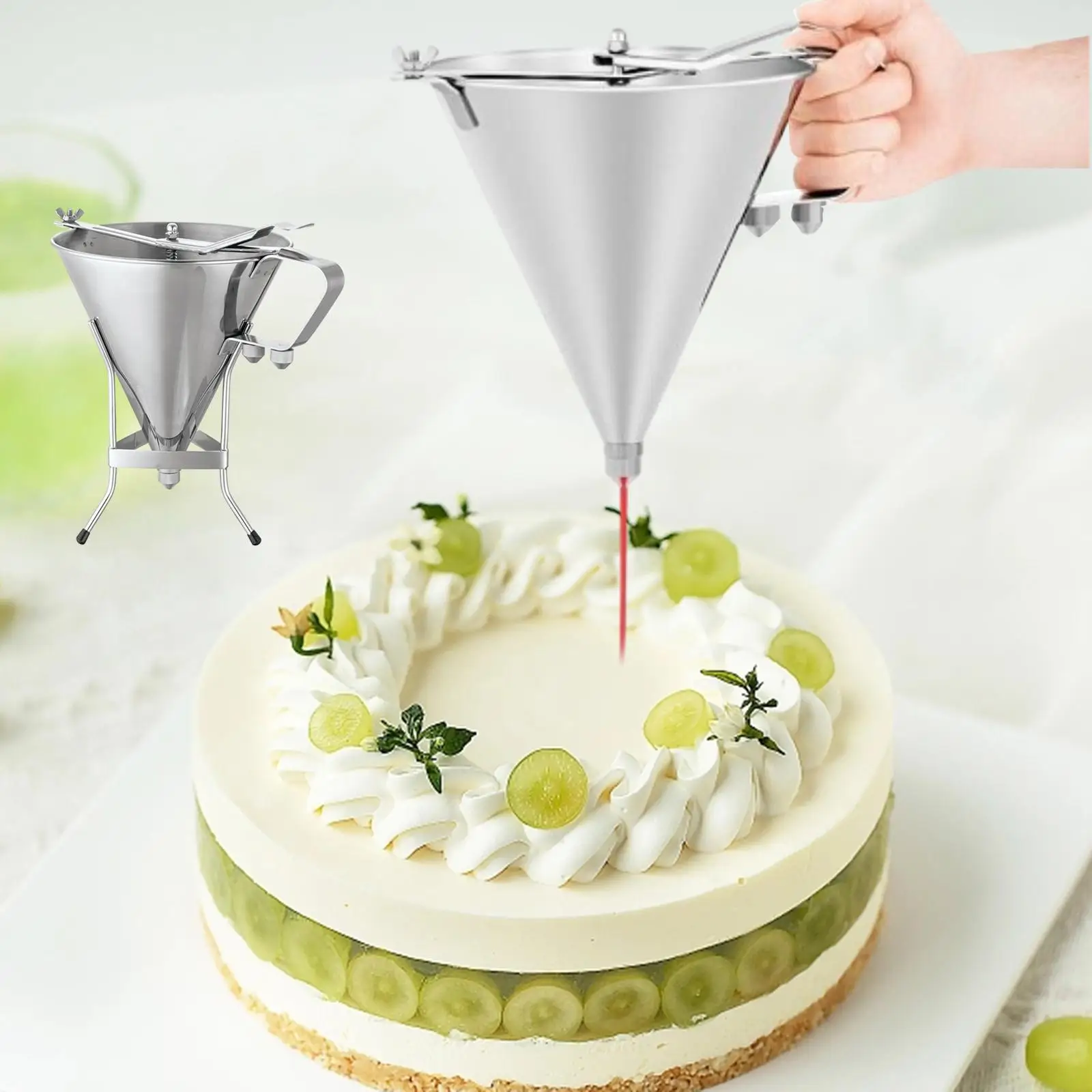 Stainless Steel Funnel Balls Tools with Handle Pancake Batter Dispenser Funnel with Rack for Bakery Cake Decorating Octopus Ball