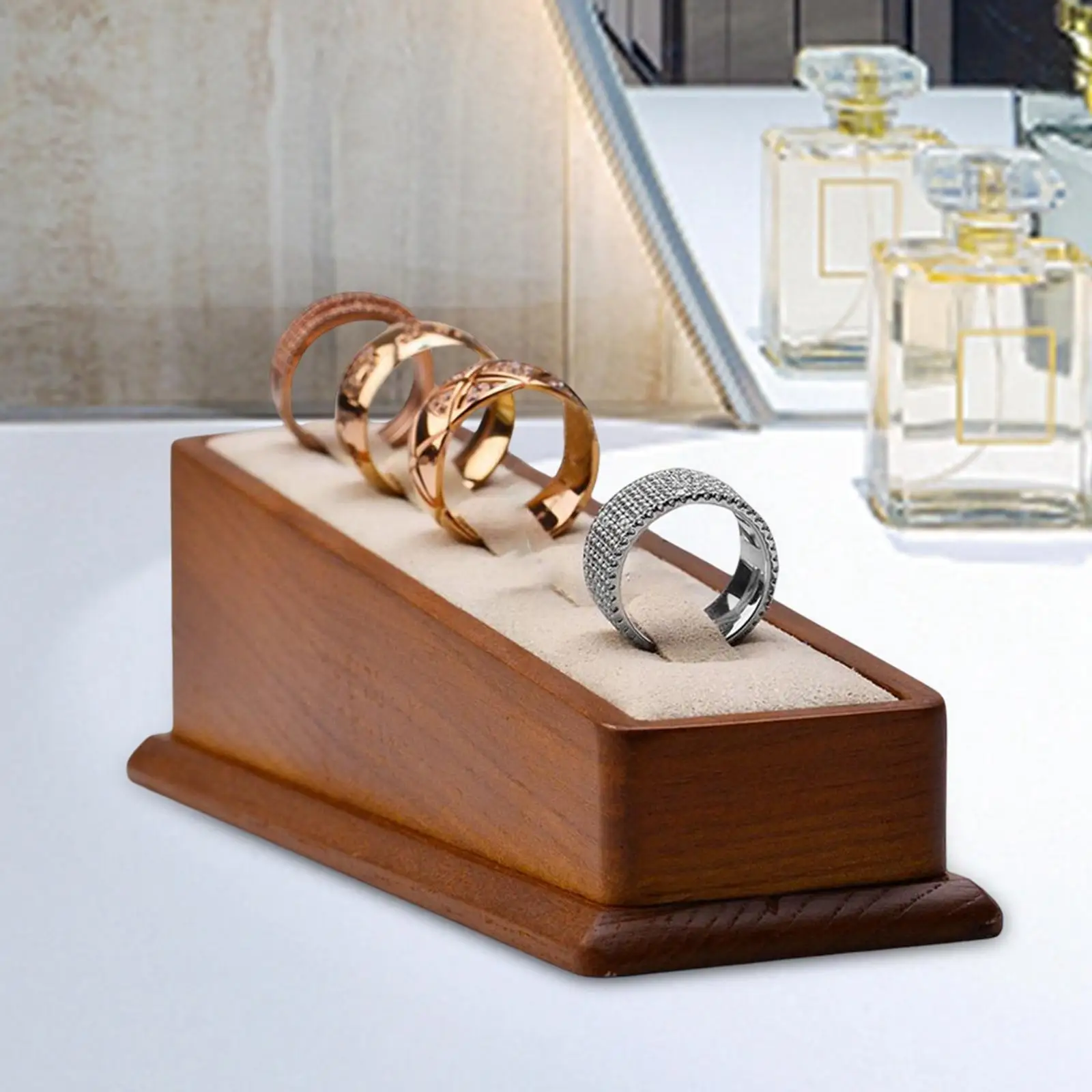 Rings Display Stand Solid Wood Hold 5 Rings Showcase Organizer Rack for Photography Counters Exhibits Shop Women and Men