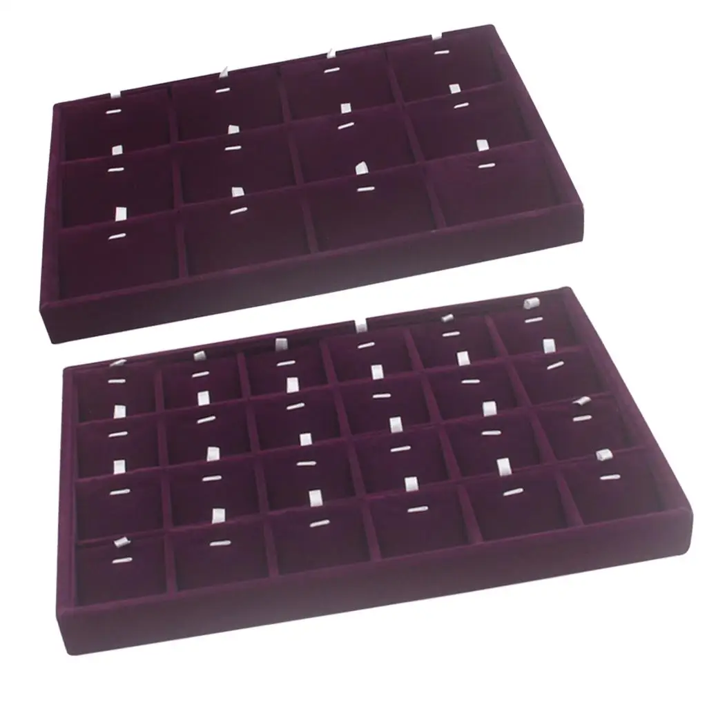 Multifunctional 12/24 Compartment Display Jewelry Showcase Tray Purple Velvet Removable Insert Pillow Card