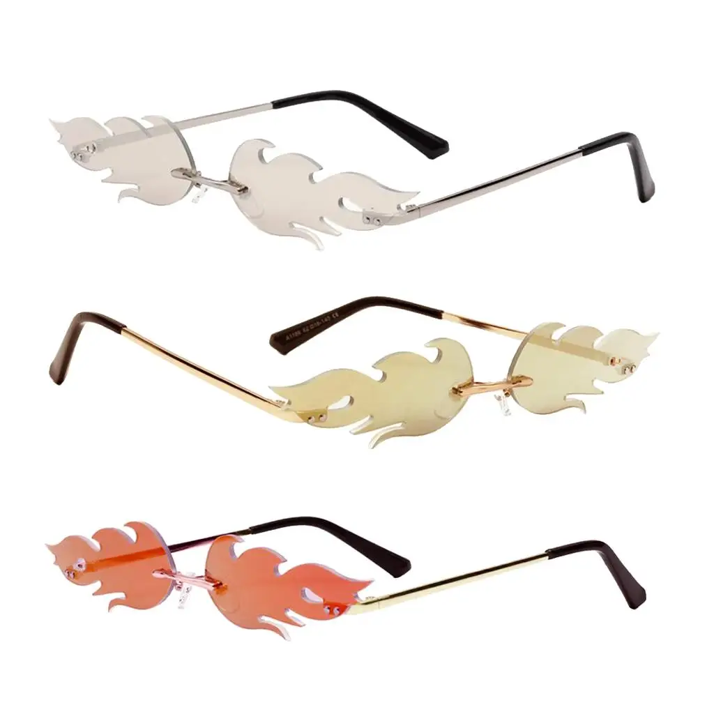 Men Flame Sunglasses Cool Punk Rimless Wave Shades Rave Party Gift
