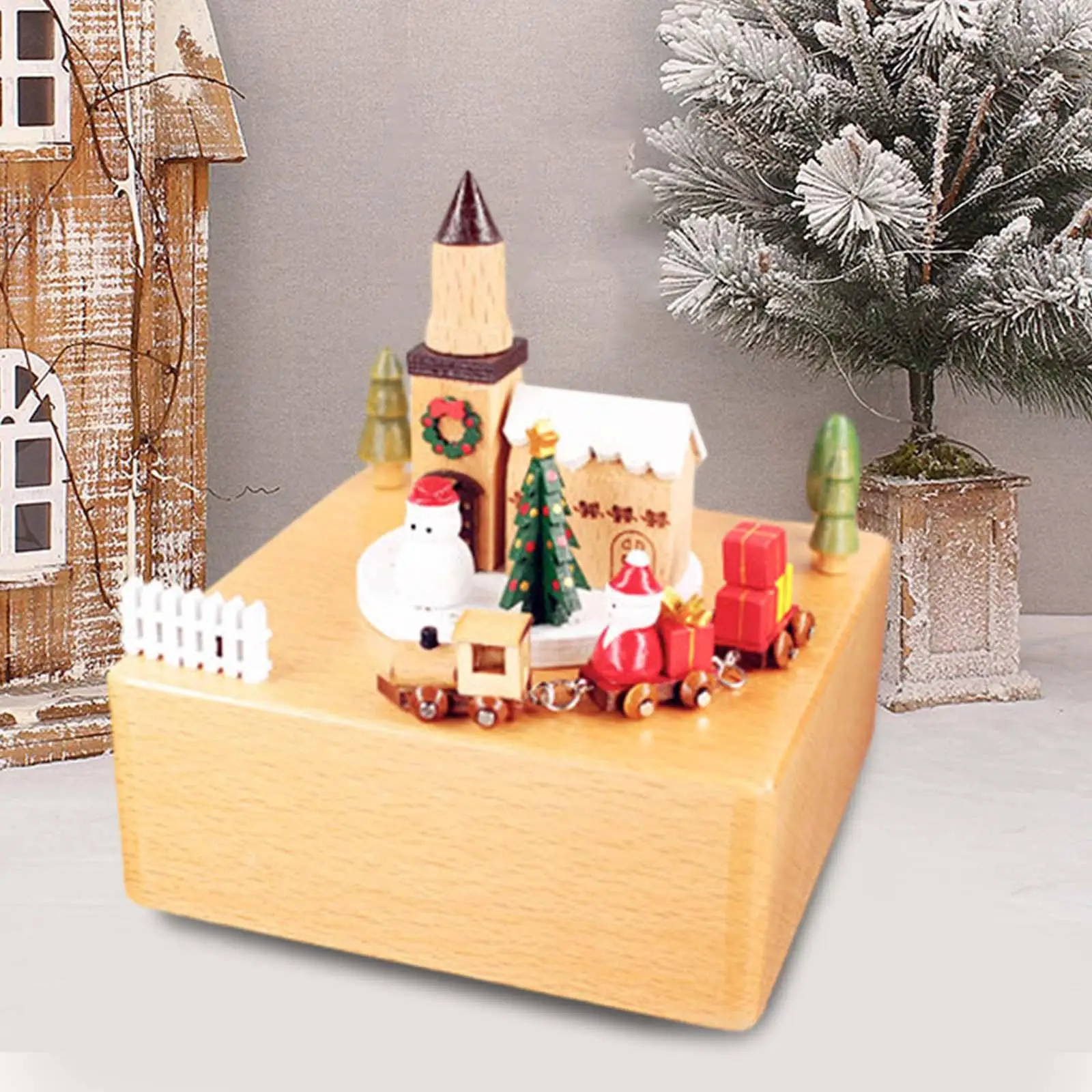 Wooden Music Box Creative Play Melody Castle Toy Christmas Themed Ornament for Collectible Holiday Birthday Ornament Home Decor