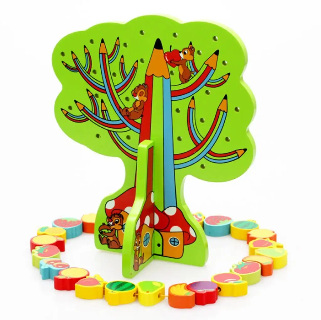 Set of Kids Educational Wooden Toy Fruit Lacing Tree Stringing Beads Baby Toy Gift