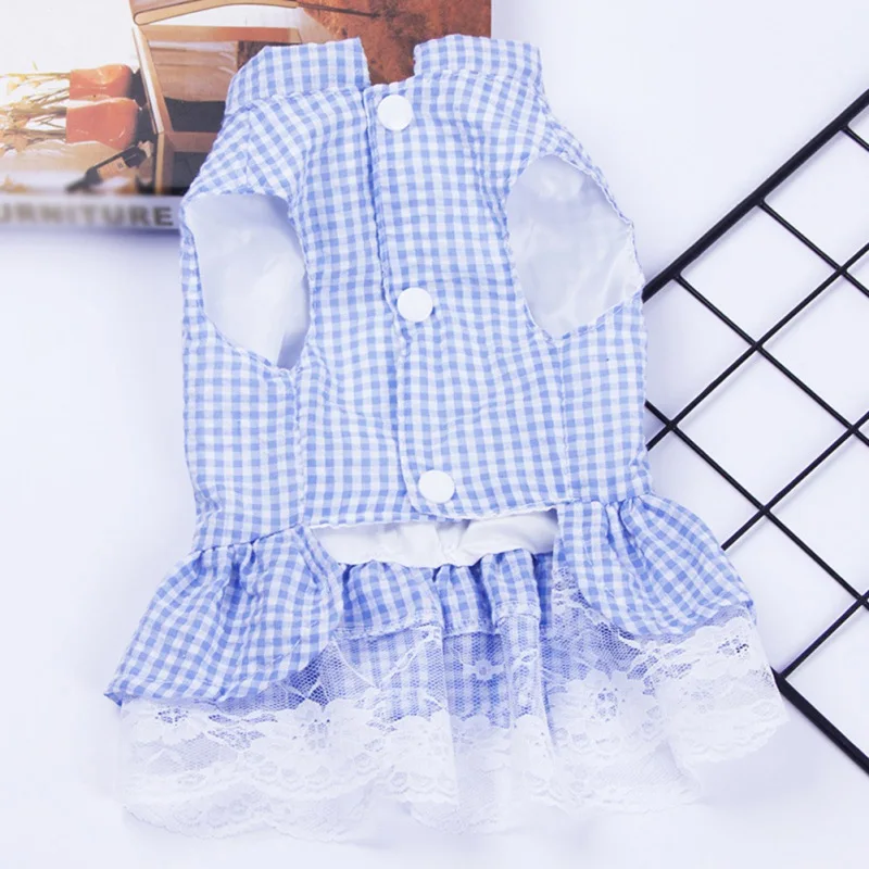 Vestido infantil con estampado de cuadros azules y blancos. El vestido tiene un frente abotonado, cuello y parece tener un dobladillo con volantes.