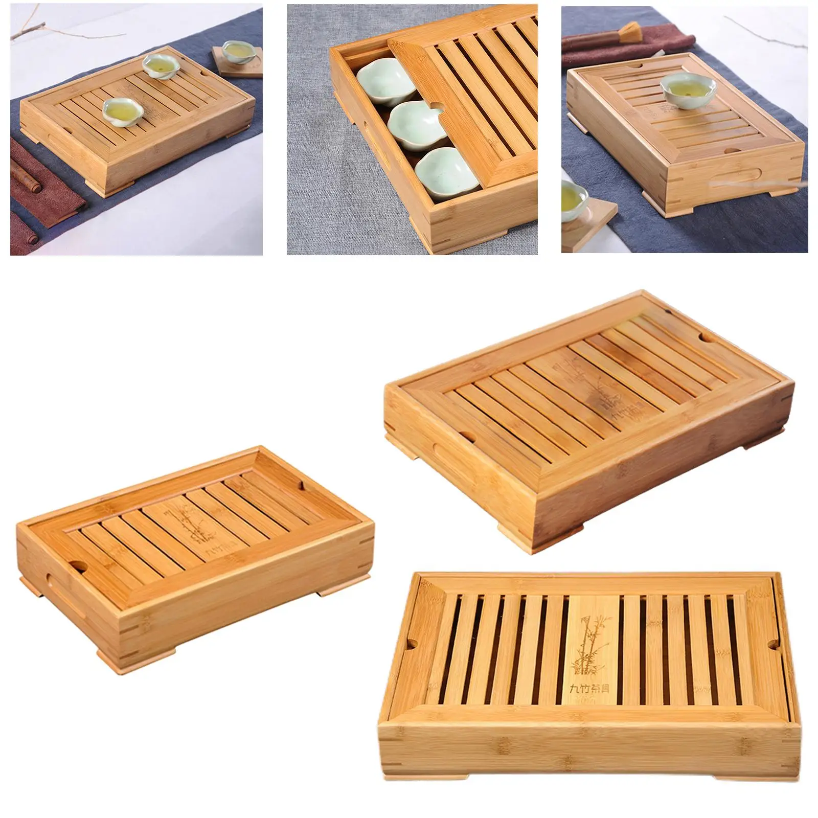 Bamboo Chinese Gongfu Tea Tray Serving Platter Hollow Design Storage for Novelty Gifts