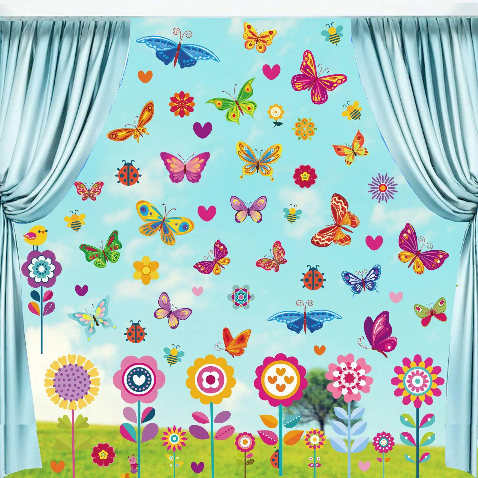 9Pcs Double-Sided Window Stickers DIY Crafts Butterfly Flower Static Non-Adhesive Glass Sticker for Glass Window Door Home Decor