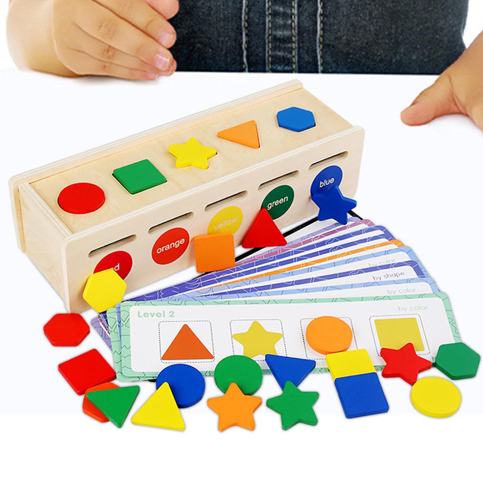 Montessori Toys Color & Shape Sorting Toy Block Puzzles Matching Box, 25 Geometric Blocks and 12 Cards for Children Kids