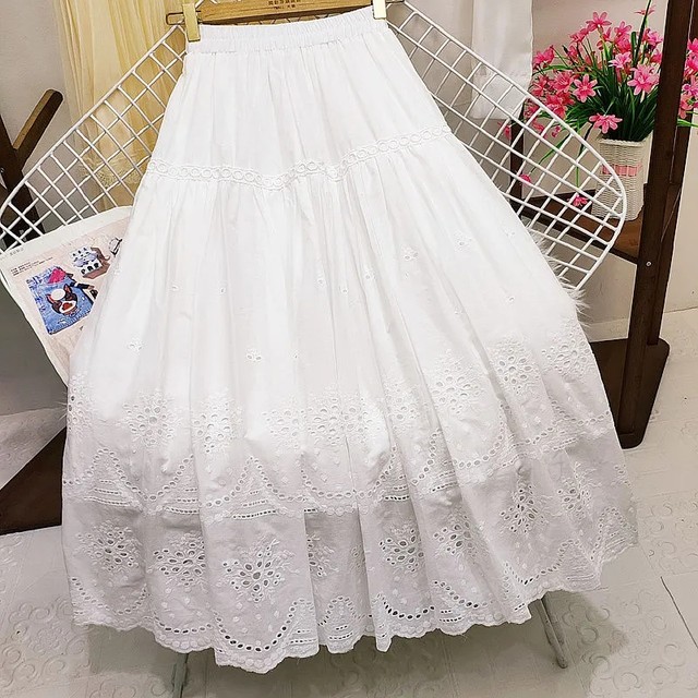 Sweet Cotton Embroidered Floral Lace A-line Long Cotton Skirts Black White