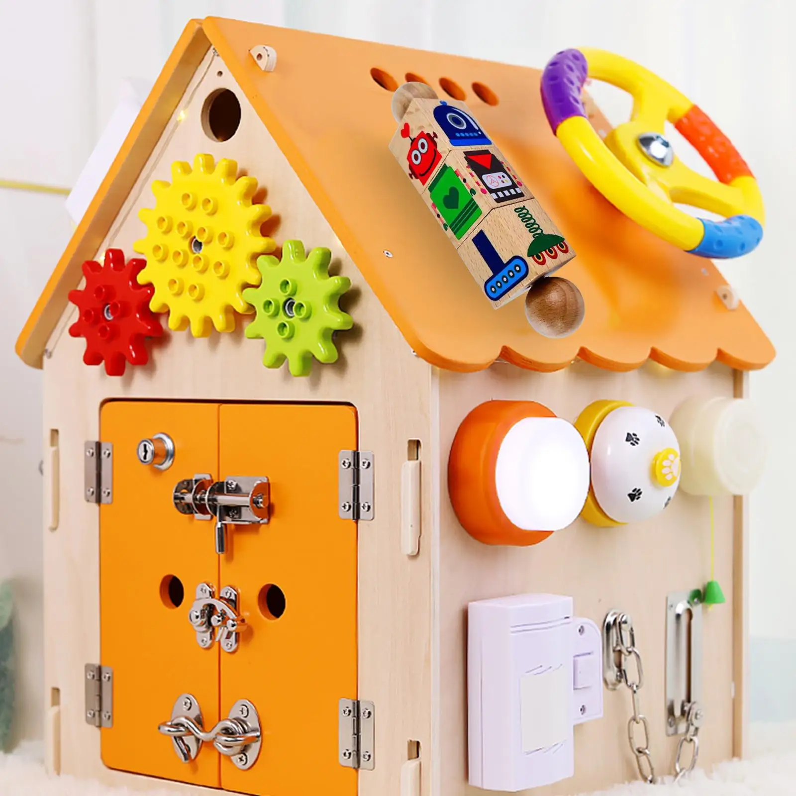 Wooden Busy Board DIY Material Rotating Blocks Developmental Motor Skill Activity Board for Children Preschool Plane Travel Toys