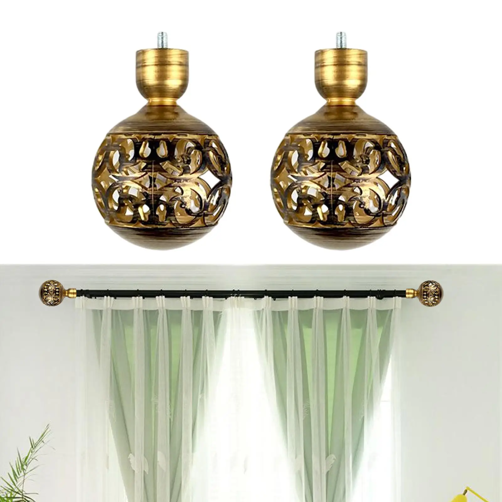 2Pcs Hollow Curtain Rod Finials 3/4 inch Diameter Decorative Vintage Drapery Rod Finials for Office Home Living Room Bathroom