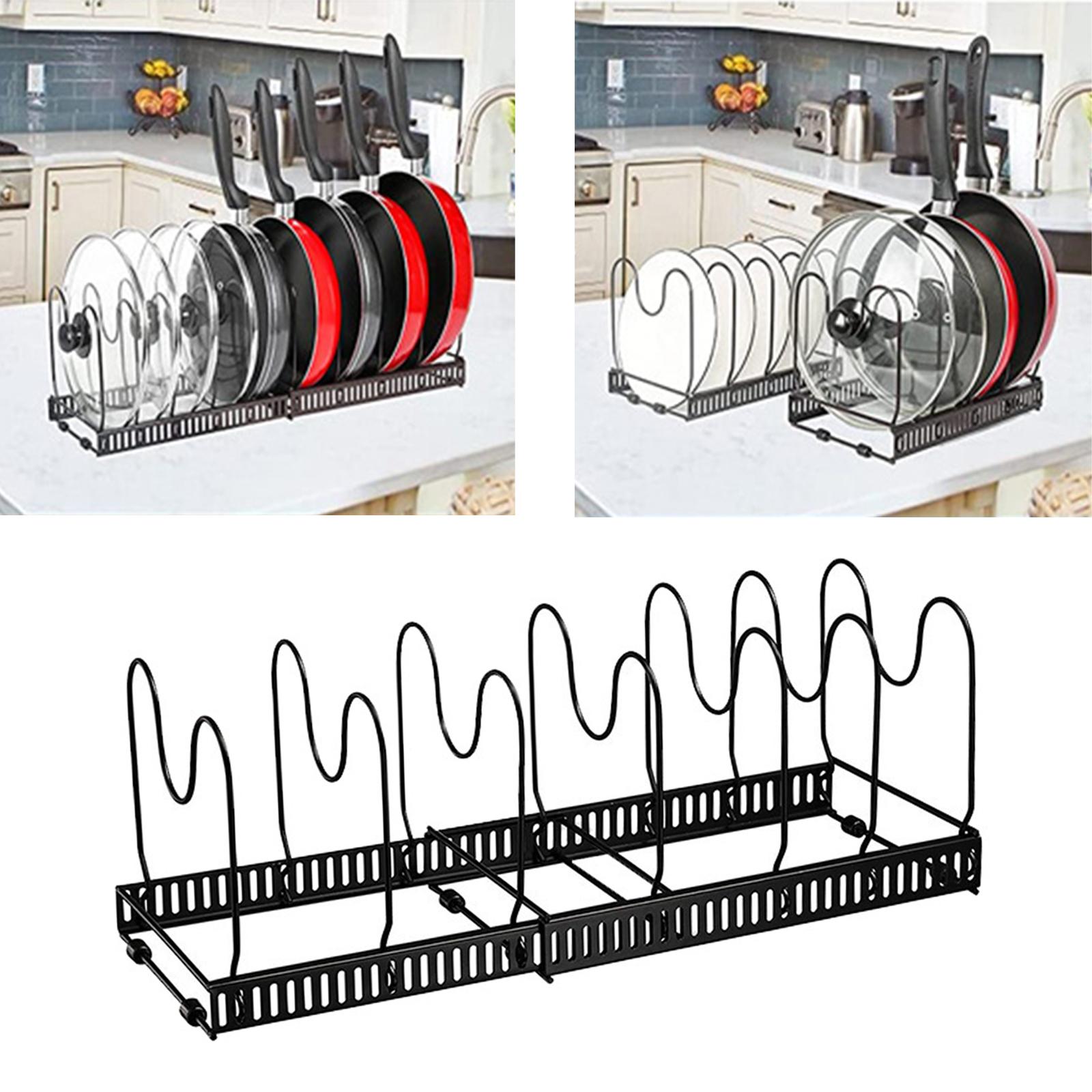Pot Rack Cookware Adjustable with 2 DIY Methods Pan Organizer Pot Lid 7 Dividers for Kitchen Dish Skillet Cupboard Pantry