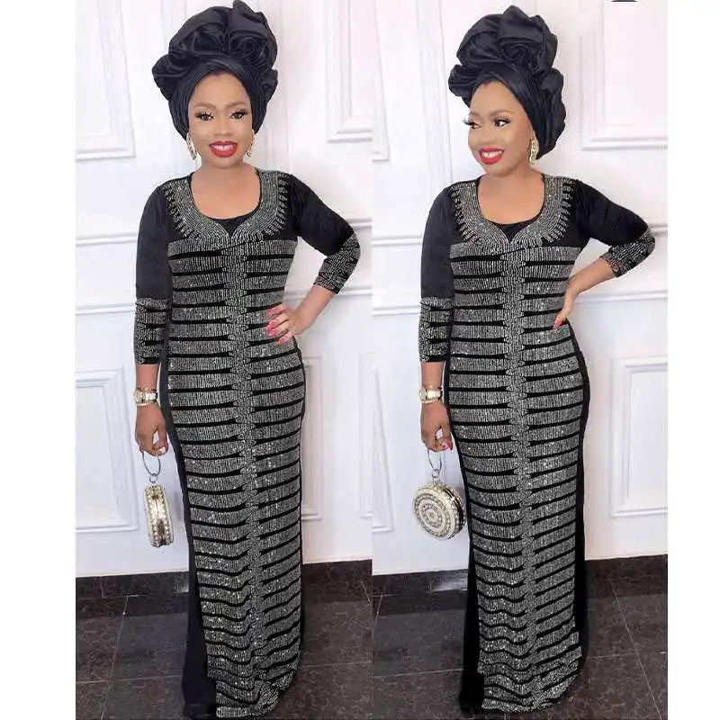 Afrikanisches Modedesign Stein Samt elastische schwarze Farbe langes Kleid – Detail 3