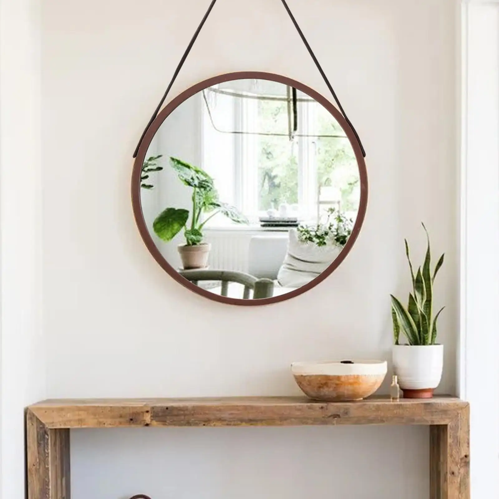Hanging Mirror Makeup Mirror Wood Framed Ornament Art Handicraft Circle Mirror for Home Farmhouse Living Room Dresser Salon