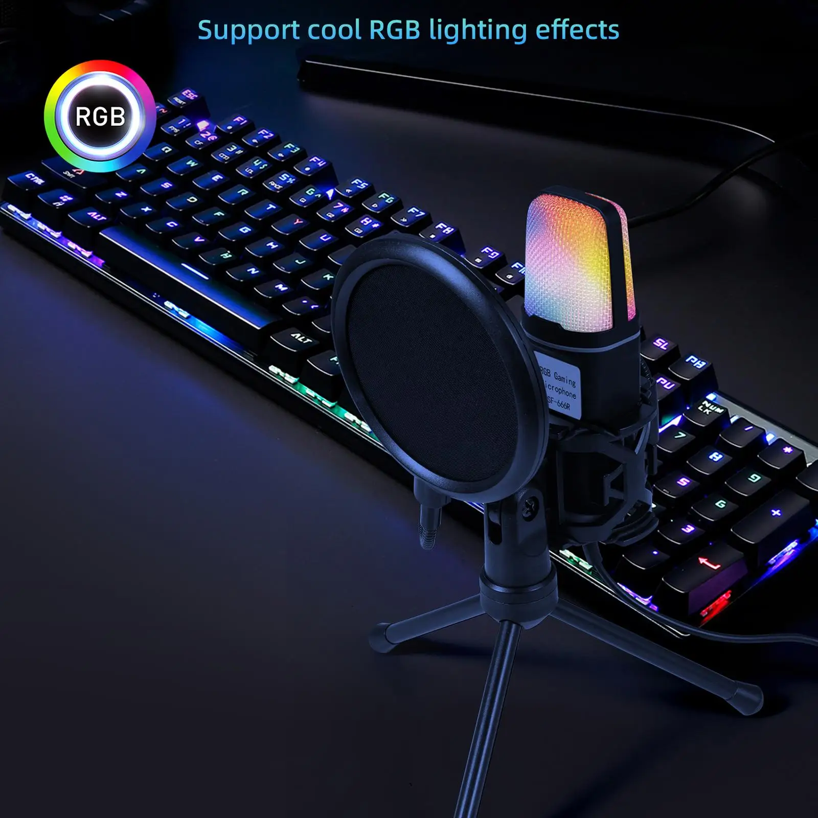 Condenser Microphone Noise Reduction RGB Lighting for Video Recording Music
