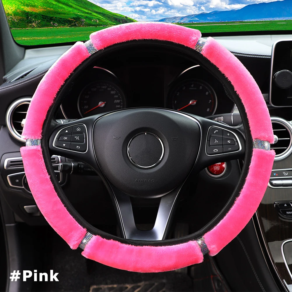 Car Steering Wheel Cover Soft Plush Car Interior Decoration Pink 