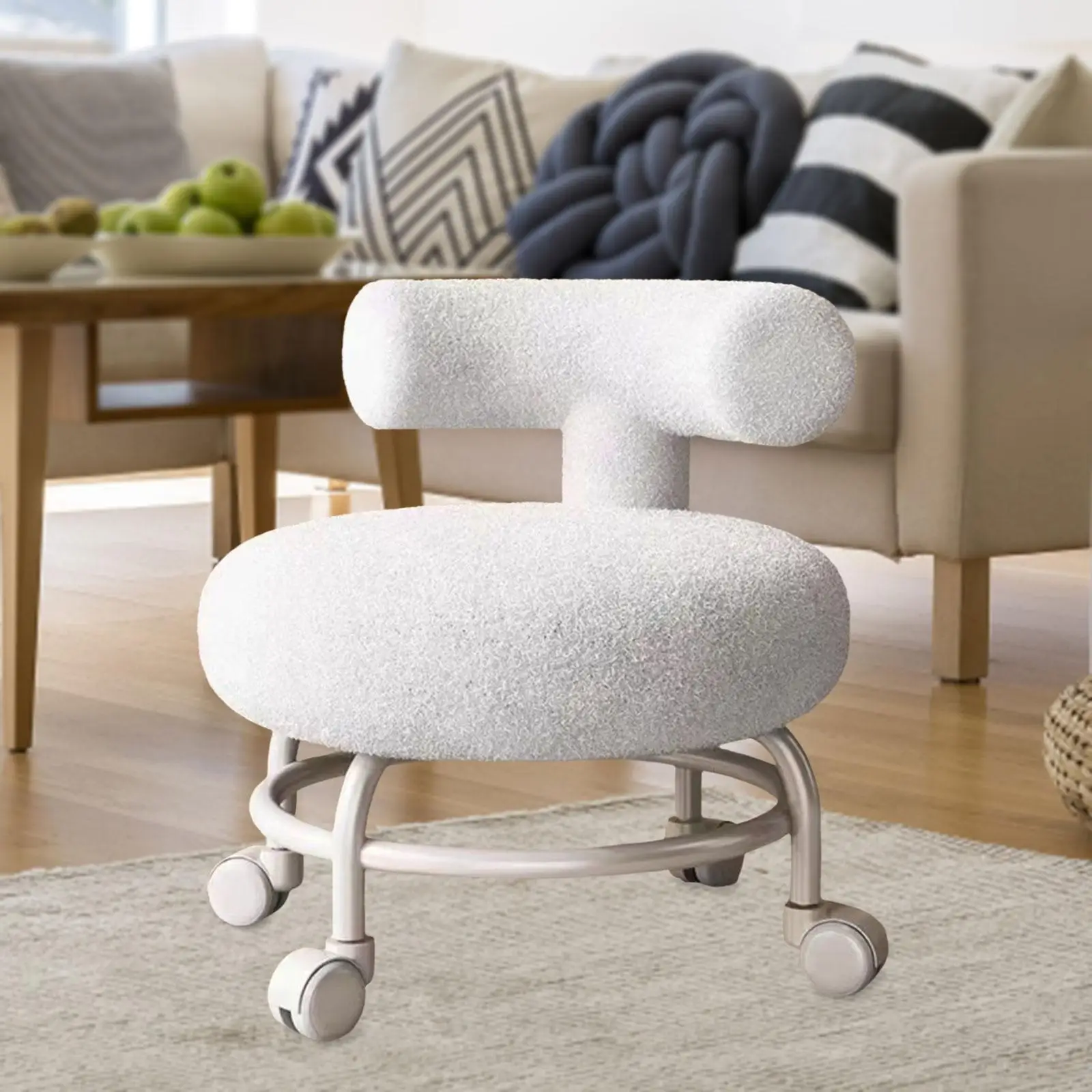 Low Round Rolling Stool with Wheels Stable Padded Seat Small Footstool Low Rolling Seat for Entryway Living Room Sturdy Doorway