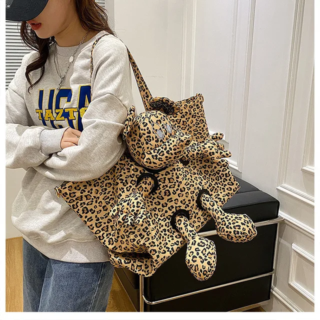 Disney Mickey Leopard print doll Handbag Cosmetic Bag fashion women High  capacity storage bag ladies tote female birthday gift