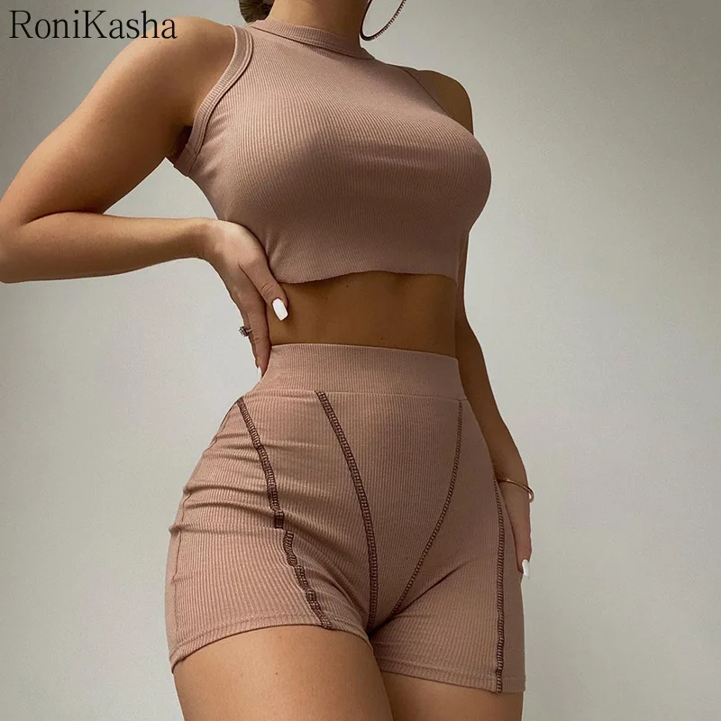 women's sets Ronikasha Workout Sets for Women 2 Piece Ribbed Crop Tank Top High Waist Biker Shorts Yoga Outfits Matching Sporty Tracksuit coord sets women
