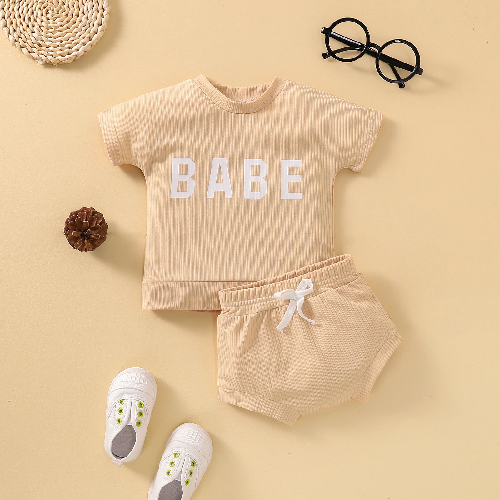 baby clothing set line 2022 3-24M Infant Baby Casual Clothing BABE Short Sleeve Letter Printed Boys Girls Tops+Bandage Patchwork Shorts Summer Outfits Baby Clothing Set cheap