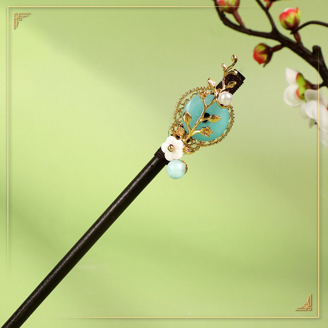 Chinesische Vintage-Haarnadel – Blauer Holzstab Mit Blumen & Quaste, Für Hanfu, Hochzeit & Alltag