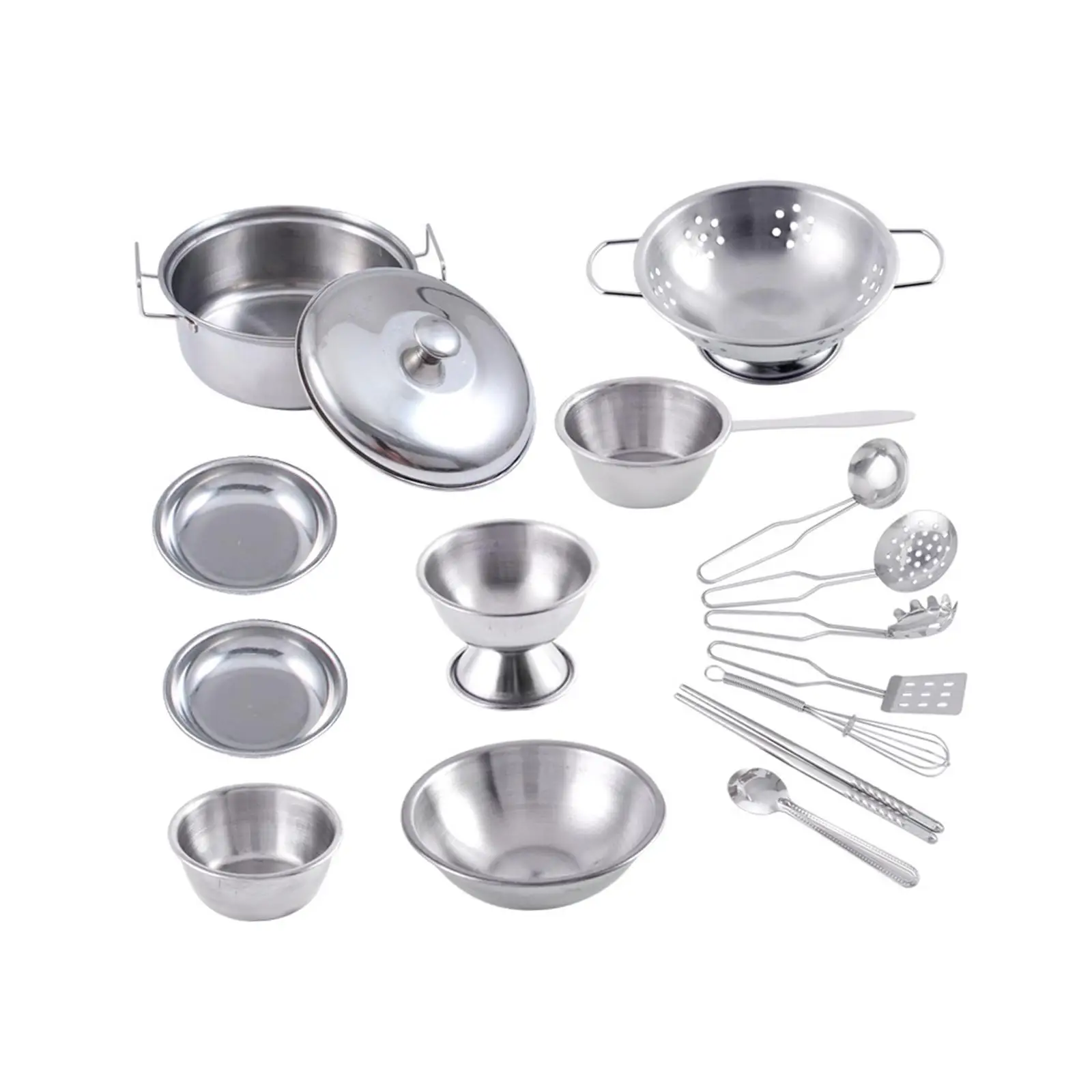 Pack of 16 Kitchen Pretend Toys Cooking Utensils Stainless Steel Accessories for Child Play House Role Playing Fine Polishing