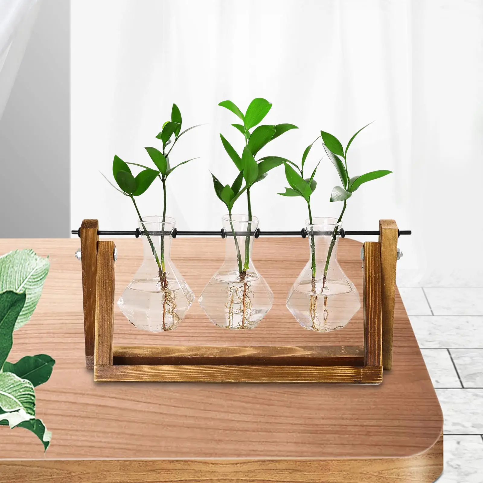Glass Bud Vase Hydroponics Plants Wood Rack for Flowers Plant Stand Office Desk Decor Planter Holder for Shelf Wedding Bedroom