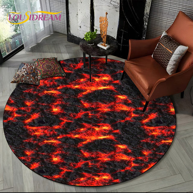 3D Volcano Lava Magma Area Rug,Round Carpet Rug for Living Room Bedroom  Footpad Pet Mat Decoration,Kid Play Non-slip Floor Mat