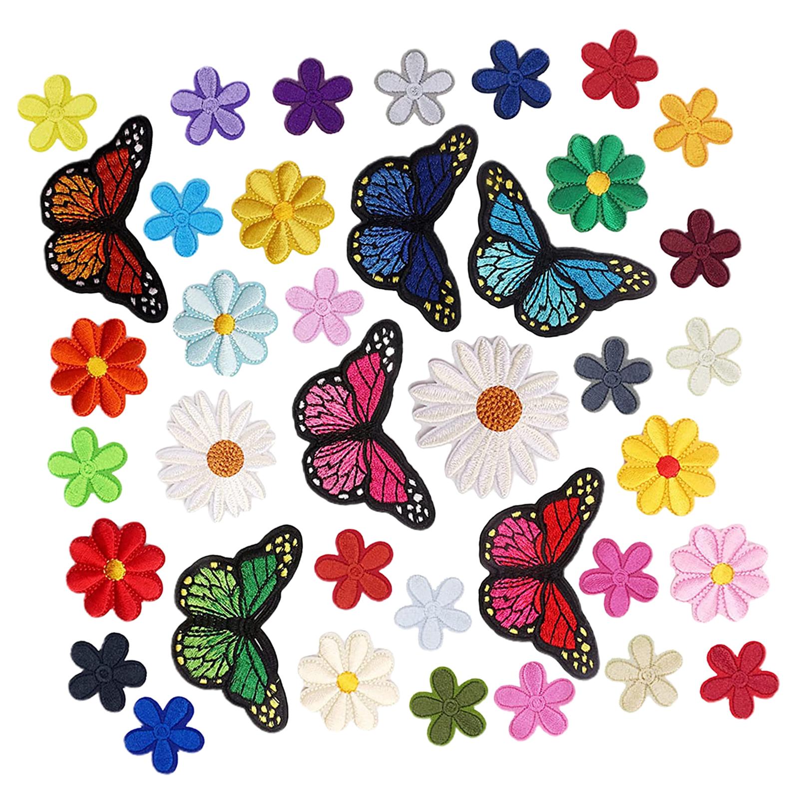 38x Butterfly & Flower Iron Patches Applique Decor Sewing Embroidered Stickers for T Shirts Handbook Bags Arts Crafts Coats