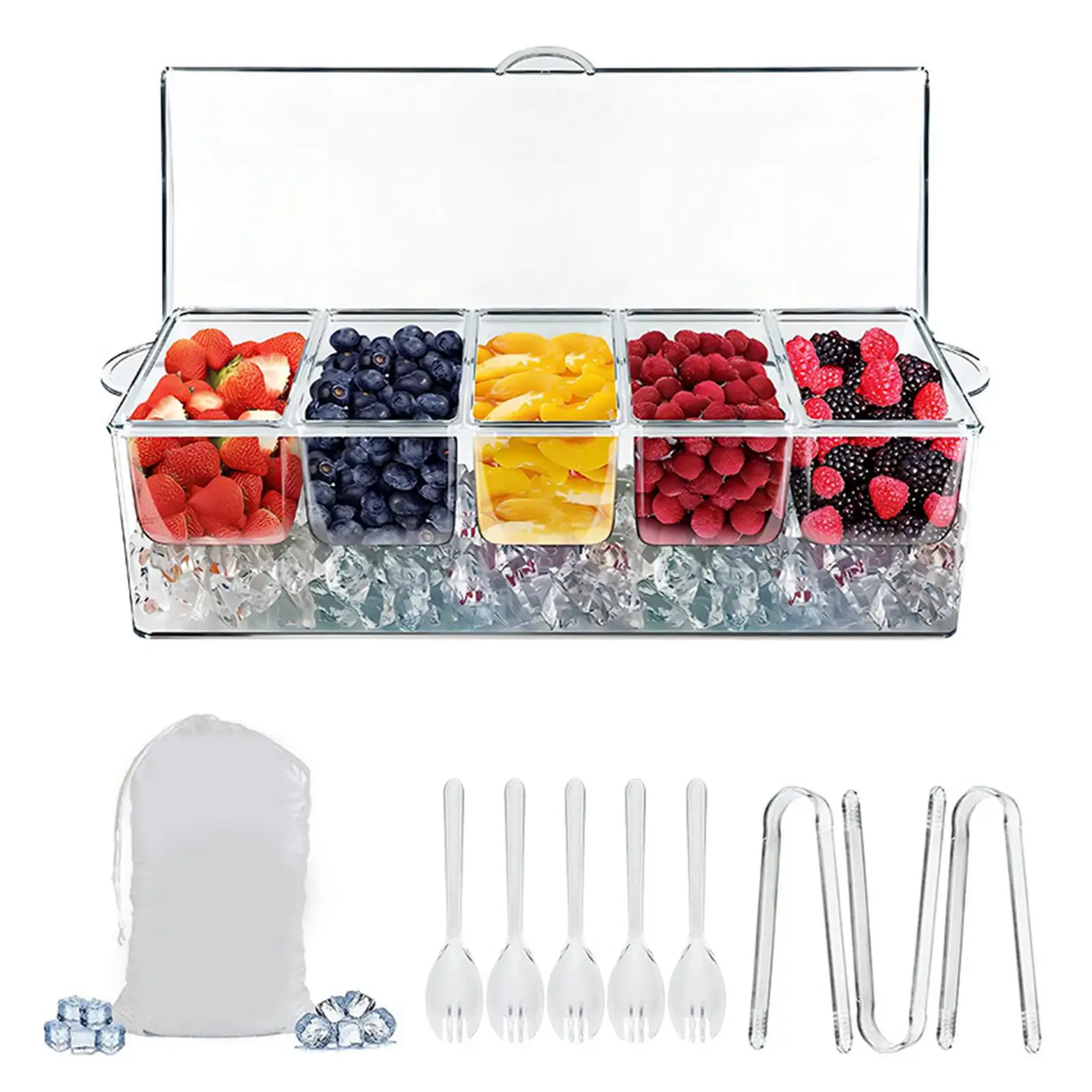 Ice Chilled Serving Tray Set 5 Compartment Sturdy 16x6.3x4.4inch Clear Garnish Tray Salad Platter for Indoor and Outdoor