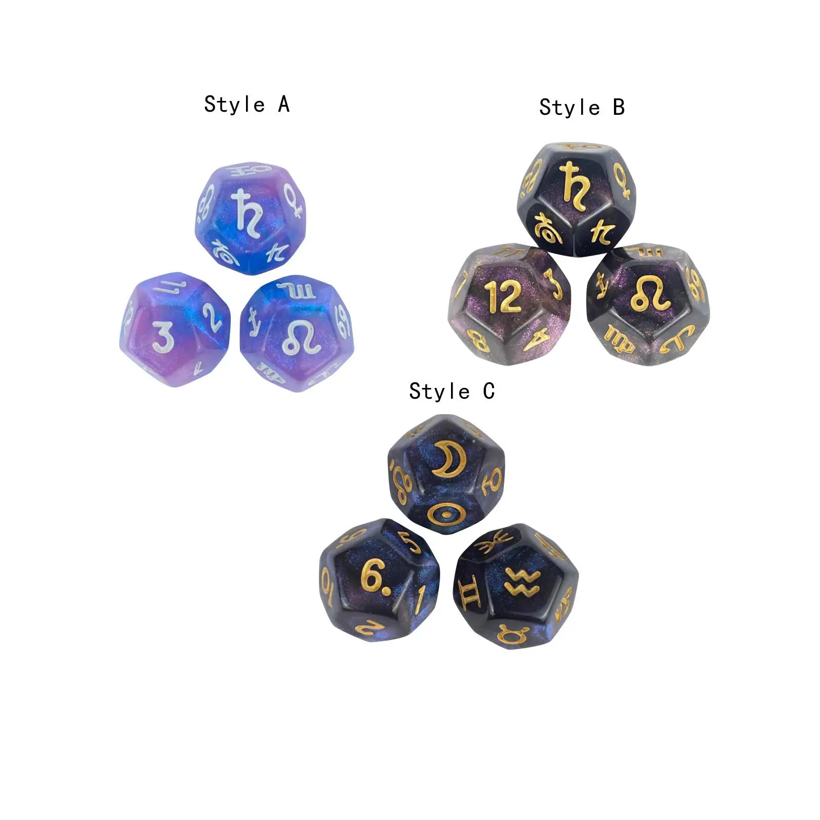 3x Tarot Cards Dice 12 Sided Polyhedral Dice Constellation Dice for Family Gathering Tarot Cards Accessory