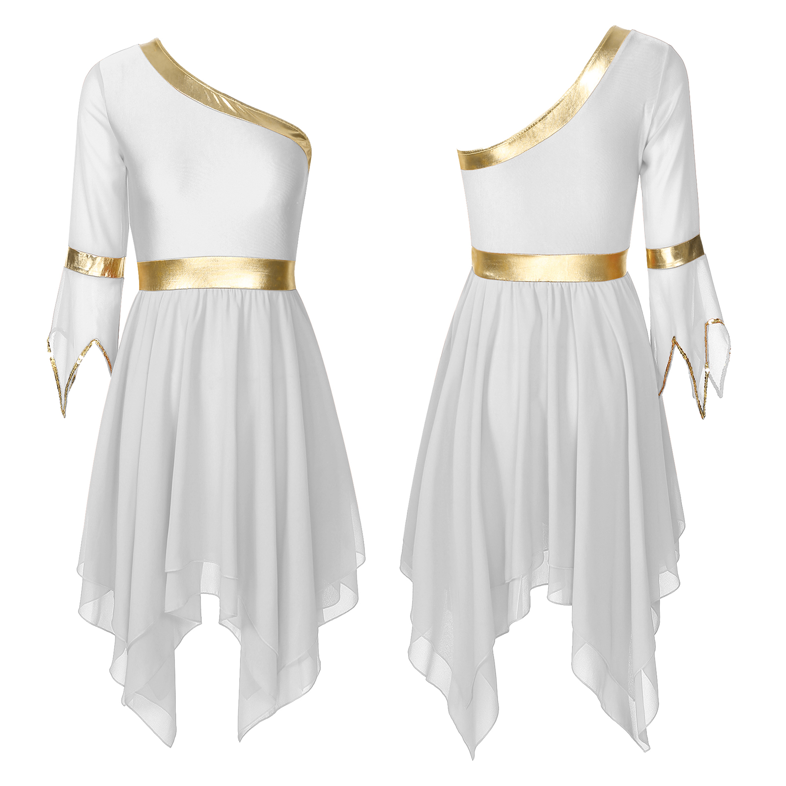Frauen loben lyrisches Tanz kleid Kirchen chor liturgische Anbetung Bühne Performance Kostüm eine Schulter unregelmäßigen Saum Tanz kleidung – Detail 6